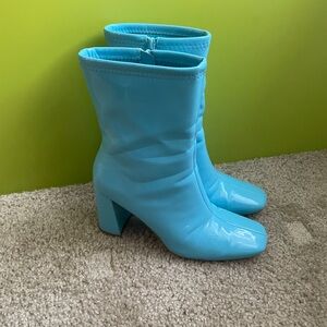 Bright Blue Retro Chunky Heel Ankle Boots
